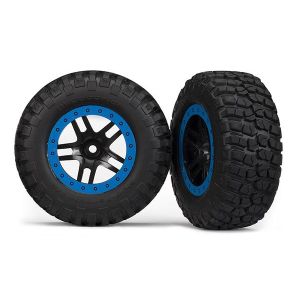 Tire & wheel assy, glued (SCT Split-Spoke, black, blue beadl, TRX5883A