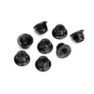 Nuts, 5mm flanged nylon locking (steel, black serrated) (8)