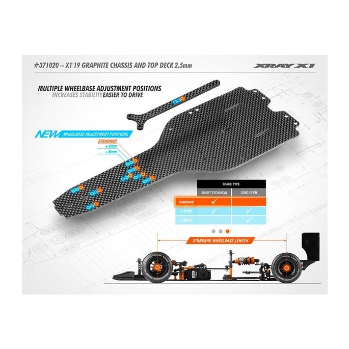 X1'19 GRAPHITE CHASSIS & TOP DECK 2.5MM - ADJ. WHEELBASE, X371020