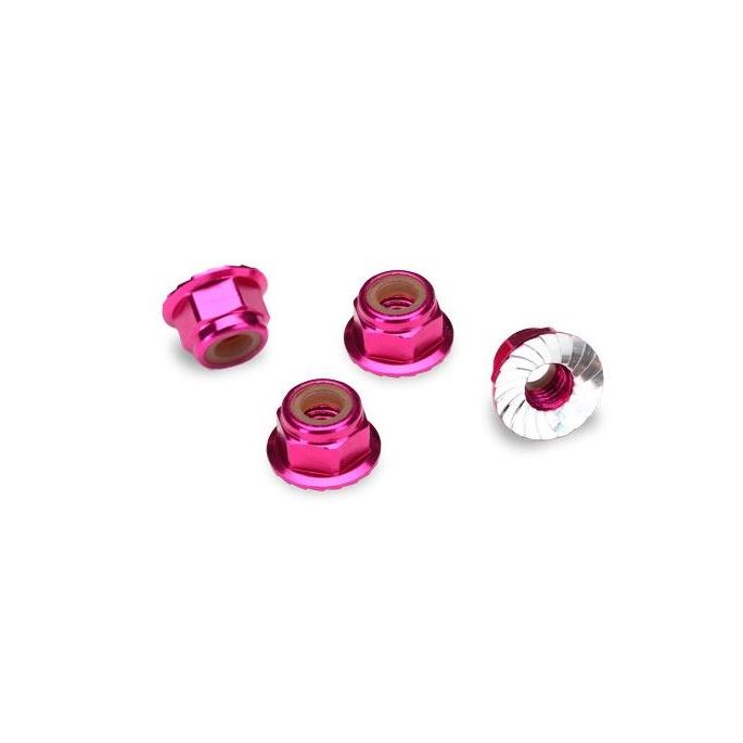 NUTS, 4MM FLANGED NYLON LOCKING (ALUMINIUM, PINK ANODIZED, TRX1747P