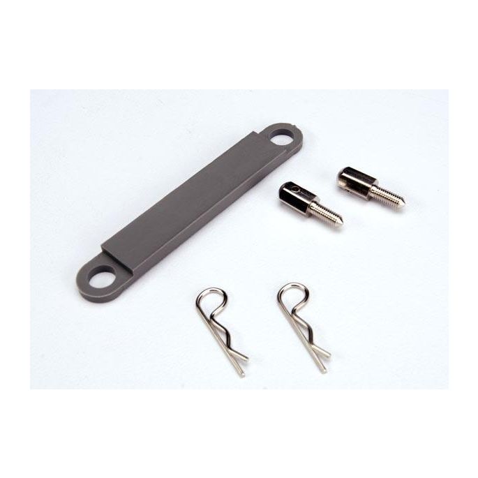 Battery hold-down plate (grey) / metal posts (2) / body clip, TRX3727A