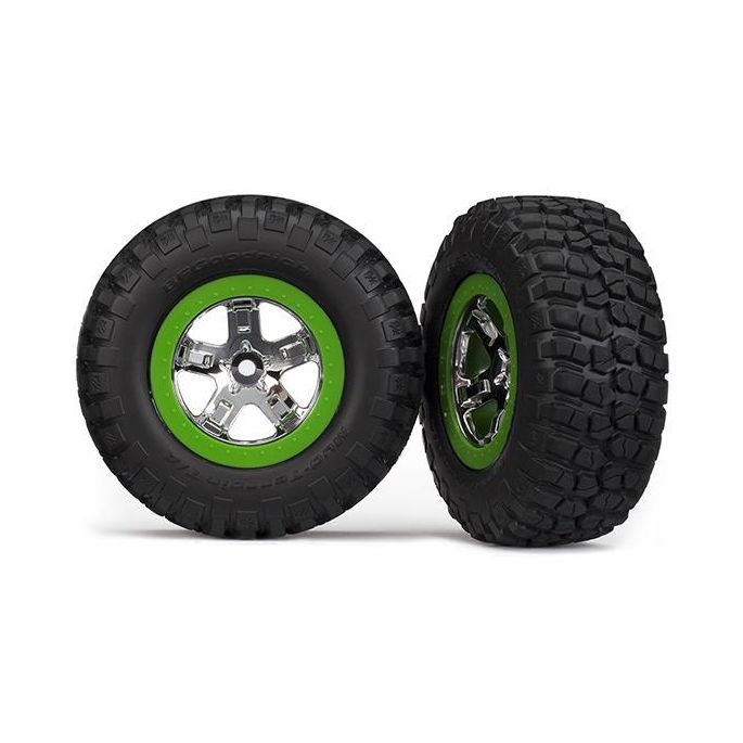 Tire & wheel assy, glued (SCT, chrome, green beadlock wheel,, TRX5865