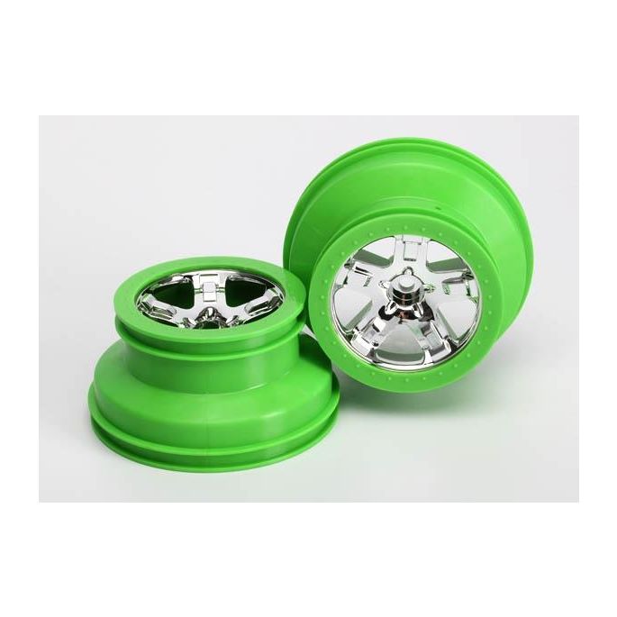 Tire & wheel assy, glued (SCT, chrome, green beadlock wheel,, TRX5866