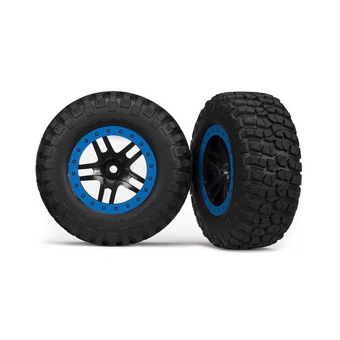 Tire & wheel assy, glued (SCT Split-Spoke, black, blue beadl, TRX5883A