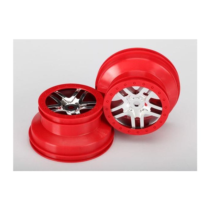 Wheels, SCT Split-Spoke, chrome, red beadlock style, dual p, TRX5974A