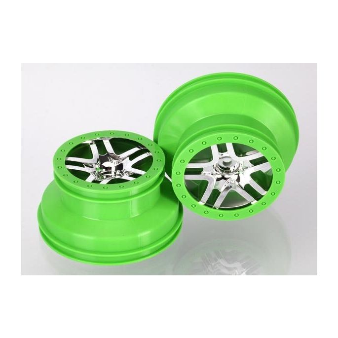 Wheels, SCT Split-Spoke, chrome, green beadlock style, dual, TRX6872X