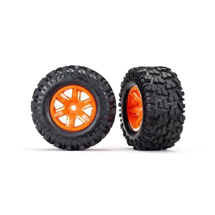 Tires & wheels, assembled, glued (X-Maxx orange wheels, Maxx AT tires, foam inse, TRX7772T